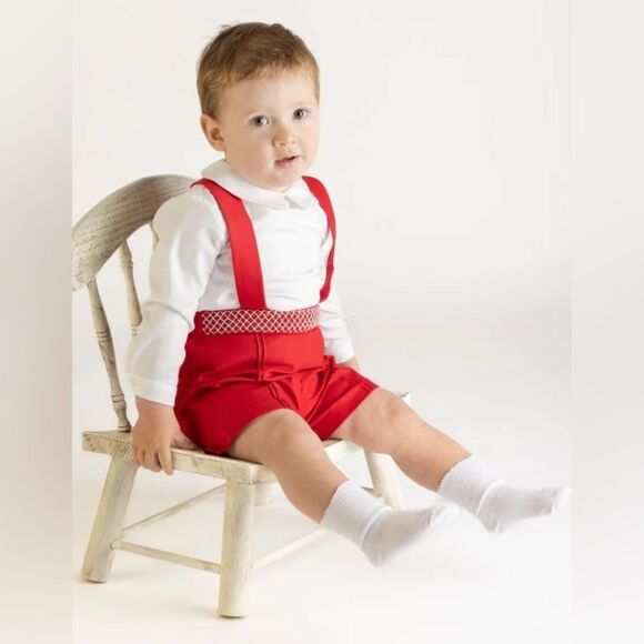 NWT Luli & Me Baby Boys Timeless Bliss Smocked Bubble - White & Red - Picture 1 of 5